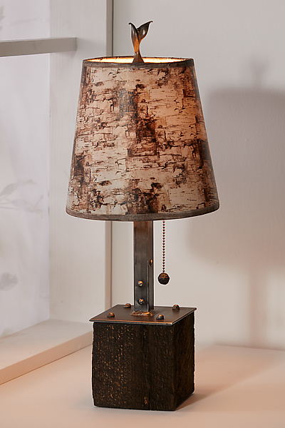 Birch Bark Steel Table Lamp on Reclaimed Wood