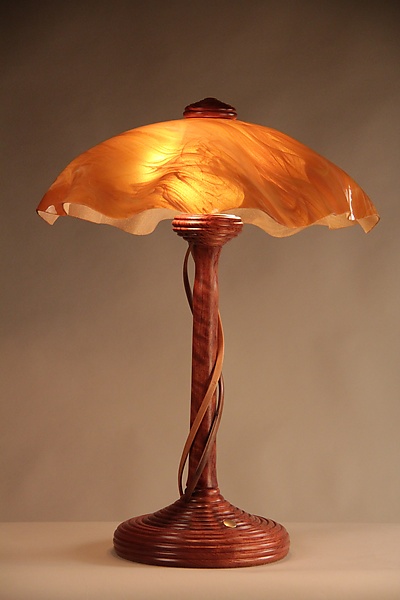 Bubinga Ridge Table Lamp with Cherry Tendrils and Dark Amber Shade